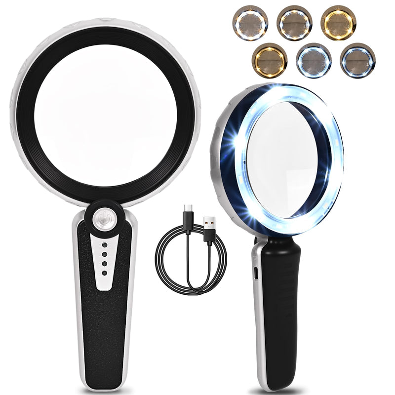 45X Magnifying Glass with Light, 4.6 Inch 1200mAh USB Rechargeable, 6 Lighted Modes, Large Handheld Magnifier for Low Vision Seniors with Macular Degeneration, Reading, Jewelry, Coins - Black