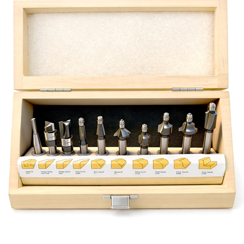 10-Piece Micro Router Bit Set, 1/4" Shank Carbide Mini Cutters for Model Making, Crafts & Detailed Woodworking, Flush Trim, Chamfer, Cove & Straight Profiles with Wooden Case