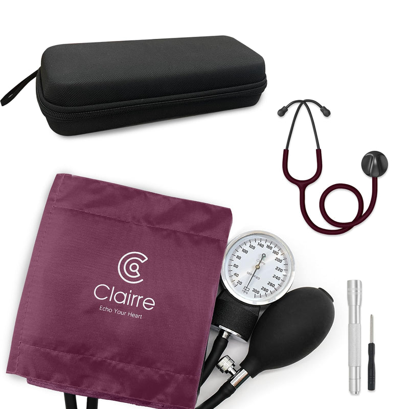Premium Blood Pressure Cuff Set with Advanced Stethoscope, Penlight & Storage Case Kit, Aneroid Sphygmomanometer for Professional & Home Adult BP Monitoring, Burgundy Red With Premium Stethoscope Kit