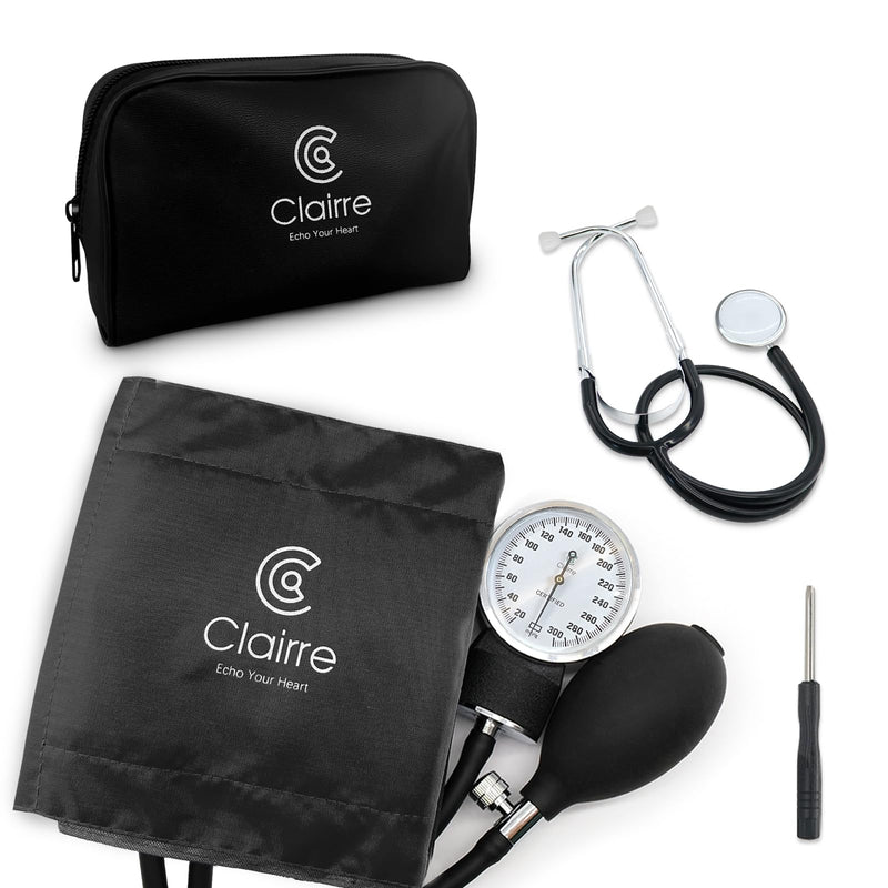 Manual Blood Pressure Cuff with Stethoscope for Nursing Students | Professional Aneroid Sphygmomanometer for Medical & Home BP Monitoring Use with Carrying Bag, Universal Adult Size Black With Basic Stethoscope