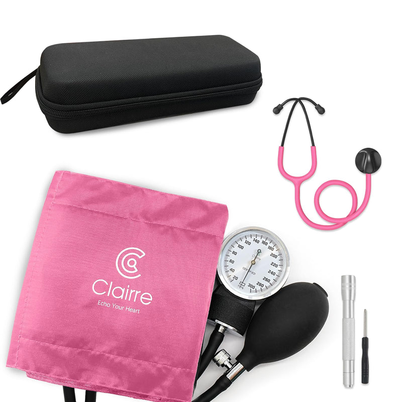 Premium Blood Pressure Cuff Set with Advanced Stethoscope, Penlight & Storage Case Kit, Aneroid Sphygmomanometer for Professional & Home Adult BP Monitoring, Pink With Premium Stethoscope Kit