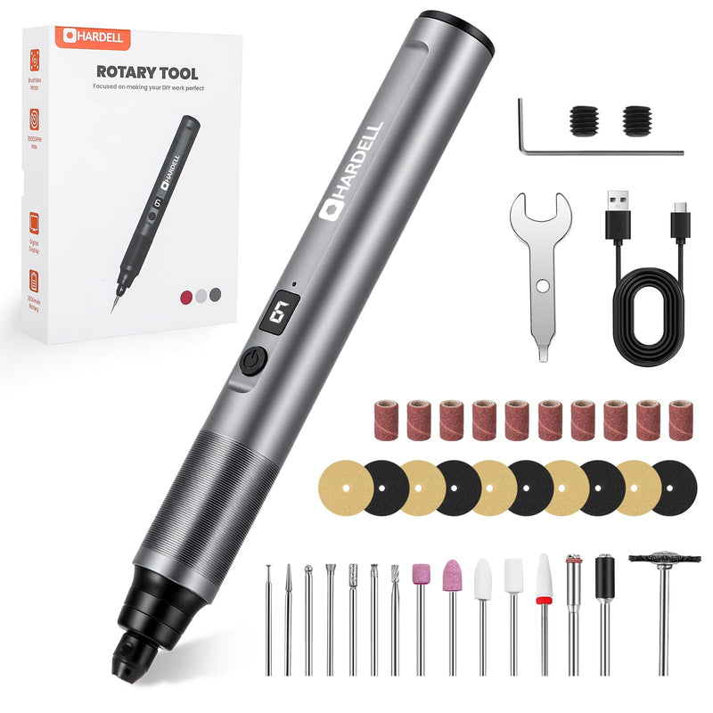 HARDELL Mini Cordless Rotary Tool Kit with 35 Accessories, Brushless Motor, 38000 RPM, 6-Speed Digital Display, for Polishing, Sanding, Engraving, Drilling, 3D Printer, DIY Crafts (Silver)
