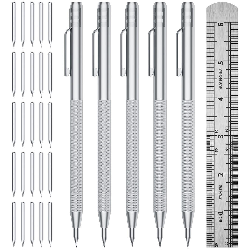 5-Pack Tungsten Carbide Scriber, Metal Scribe Tool with 25 Replacement Marking Tips & Steel Ruler - Knurled Aluminum Handle & Magnet, Engraving Pen for Glass/Ceramics/Metal Sheet (5) 5