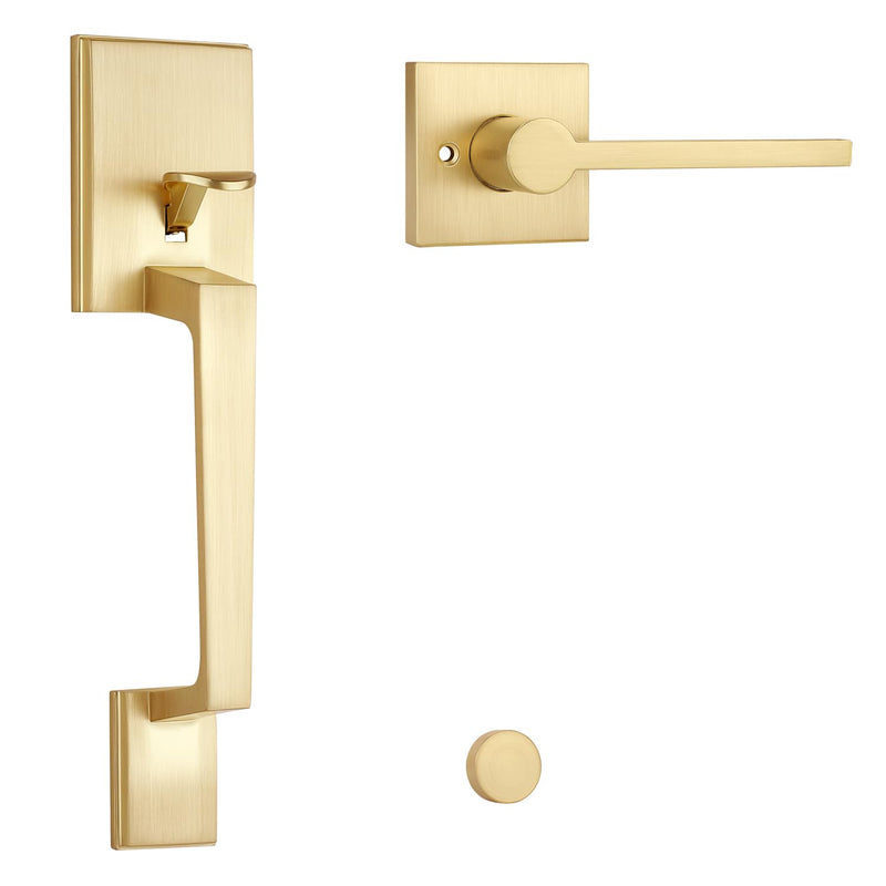 EHOMEWARE Gold Front Door Handle, Exterior Door Handle No Lock, Heavy Duty Entry Door Handleset, Reversible Door Lever for Left/Right Handed Doors, Satin Brass Finish