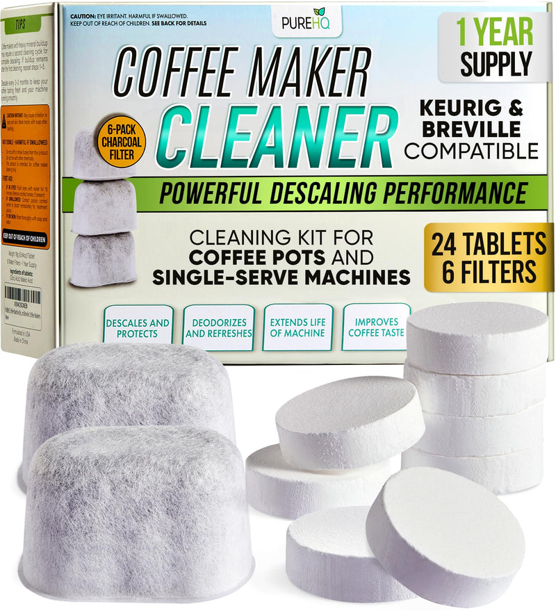 Coffee Maker Cleaner Tablets – 24 Count, Descaling Tablets for Keurig and Breville Machines – Includes 6 Water Filter Cartridges – Deep Cleaning Descaler Tab for Espresso & Single-Serve Coffee Makers