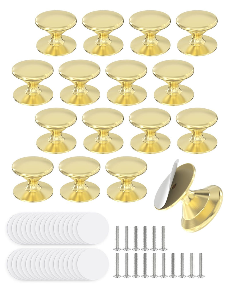 16-Pack Adhesive Drawer Knobs, Aluminum Alloy Stick on Cabinet Pulls for Kitchen, Bathroom, Wardrobe & Dresser - No Punching Peel and Stick Round Drawer Handle (16, Gold) 16