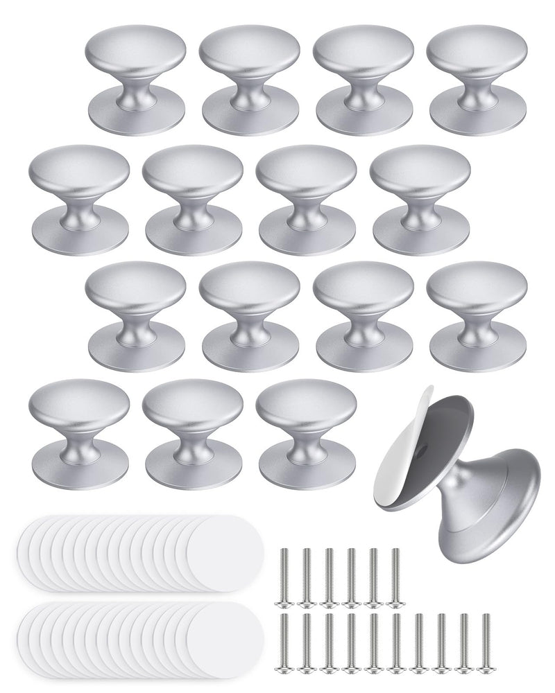 16-Pack Adhesive Drawer Knobs, Aluminum Alloy Stick on Cabinet Pulls for Kitchen, Bathroom, Wardrobe & Dresser - No Punching Peel and Stick Round Drawer Handle (16, Silver) 16