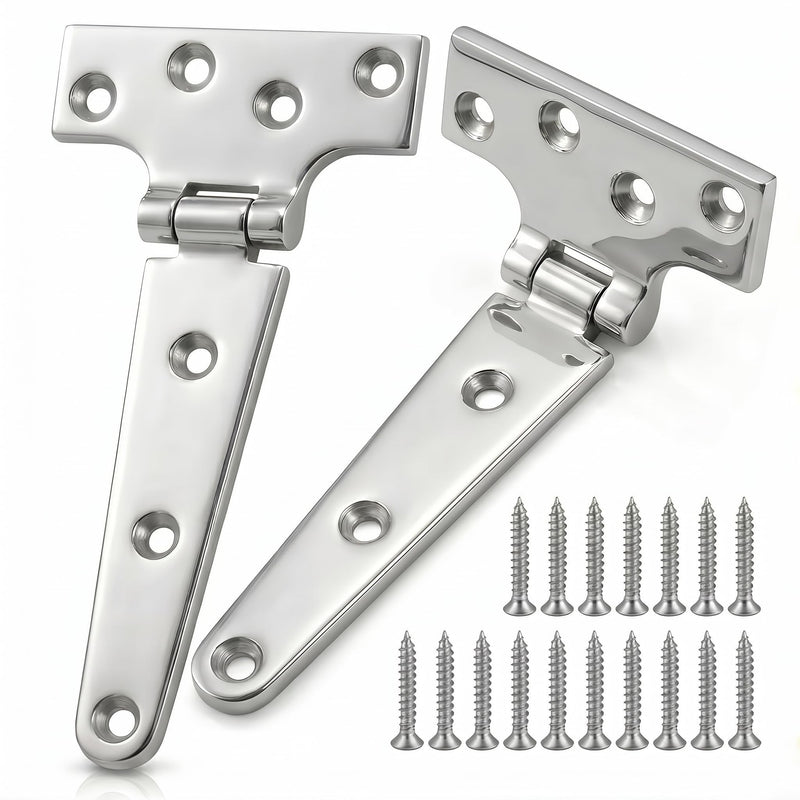 6" Heavy Duty T Hinges, 316 Stainless Steel Strap Hinges for Boat, Barn Door & Wooden Gate, Rustproof Polished Tee Hinge with Extra-Long 1.38" Screws (0.17" Thick), 2 Pack