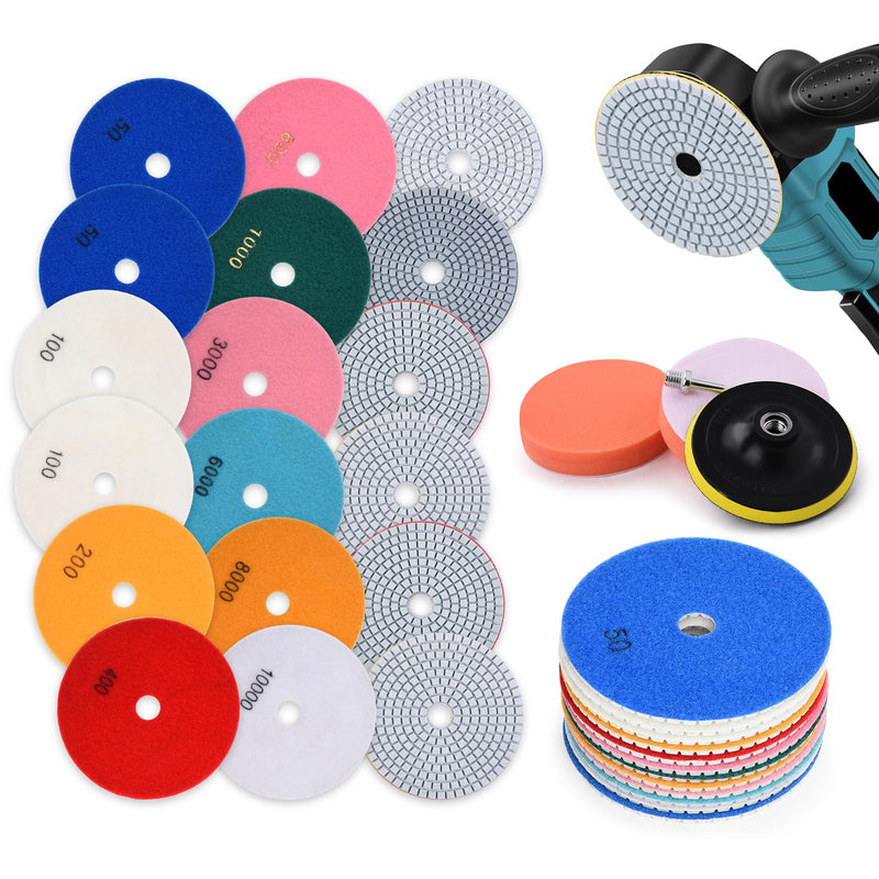 5 Inch Wet/Dry Diamond Polishing Pads Set with 5/8’’-11 Backer Pad, 16Pcs Concrete Polish Pads Kit for Drill, Grinder, Polisher, 50-10000 Grit Polishing Pad for Granite Marble Travertine Terrazzo 5 Inch