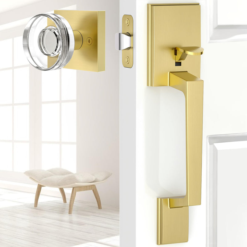 Front Door Handle Set, Front Entry Handleset with Glass Knob No Lock, Exterior Gold Door Handle for Right& Left Handed Doors, Zinc Alloy, Satin Brass Crystal Knob(No Lock)