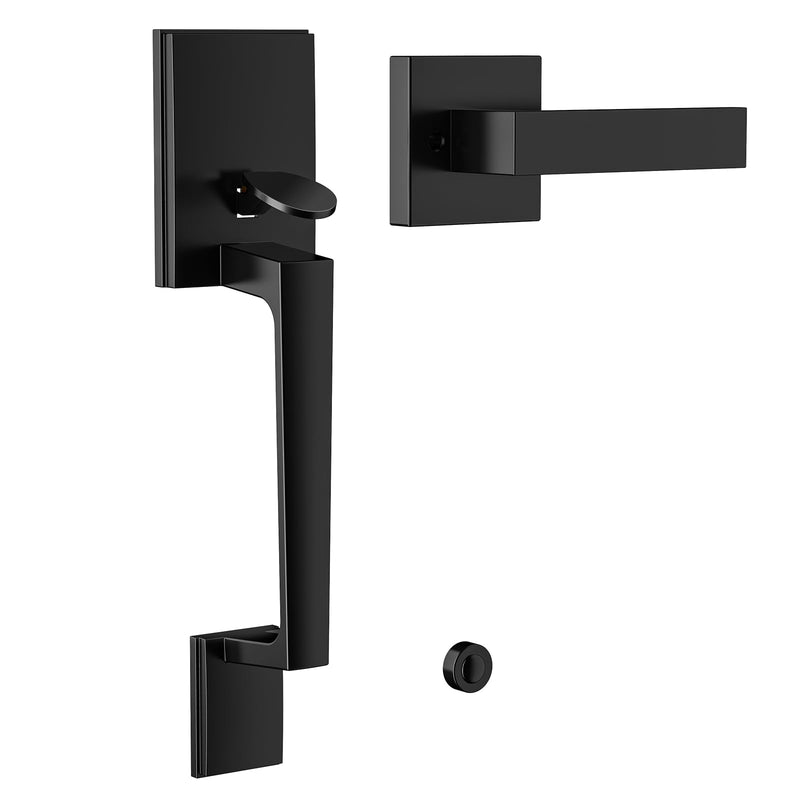Black Front Door Handle No Lock, Exterior Entry Door Handle with Interior Passage Levers, Front Door Lock Set for Left Right Handle Doors, Deadbolt Set Not Included, Non-Locking