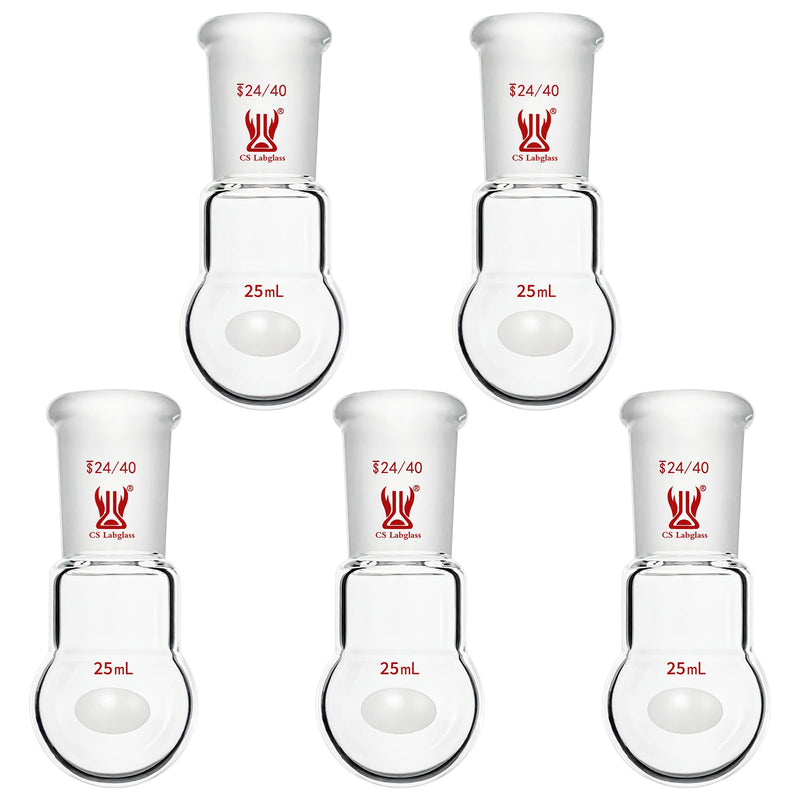 [5 Pack] CS Labglass 25ml Single Neck Round Bottom Flask with 24/40 Joint | Borosilicate Glass Boiling Flask, Lab Glassware 5 Pack