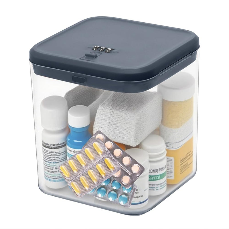 Medication Lock Box for Medicine/Pill Safe, Snack Box Container with locking lid for Fridge Food, Clear Lockable Storage Organizer with code for Candy Nuts - Perfect for Kitchen Cabinets, Home, Office Grey