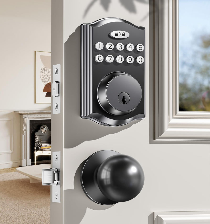 Keyless Entry Door Lock with 2 Knobs, Electronic Backlit Keypad Deadbolt with Handle Set, Auto Lock, One-time Codes, Smart Deadbolt for Front Door, Easy Installation (Matte Black) Matte Black