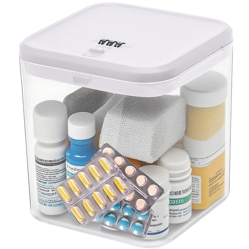 Clear Medicine Lock Box with code, Small Food Snack Phone medication Lock Boxes for Personal Items Combination Electronics Organizer,Phone Jail,Gaming Device Lockable Boxes White Lid + Clear Base