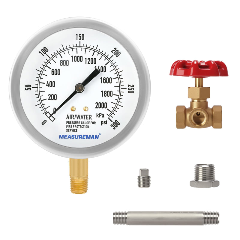 MEASUREMAN 3.5" Fire System Pressure Gauge Kit，0-300 PSI Dual Scale，1/4 NPT Lower Mount，Complete with 304 SS Pipe, 3-Way Valve and NPT Fittings，3%−2%−3% Accuracy 0-300psi&3-Way Valve&Pipe Fittings