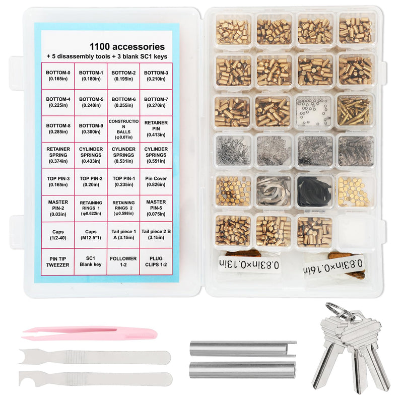 1100-Piece SC1/SC4 Keyway Re-Key Kit replacement for Schlage Rekeying Kit, Compatible with SC1/SC4 Door Component, Bottom Pin, with Pins, Springs, Cap, Tail Piece, Master Pin,and SC1 Pick，rekeying kit