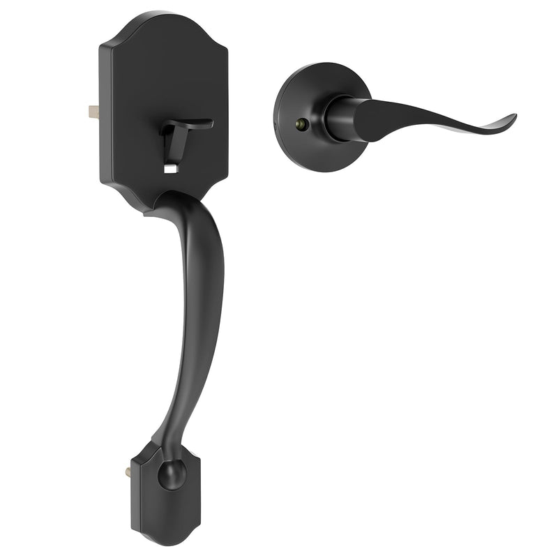 Black Front Door Handle No Lock, Exterior Door Handles with Passage Lever, Entry Door Handle Reversible for Left & Right Matte Black No Deadbolt