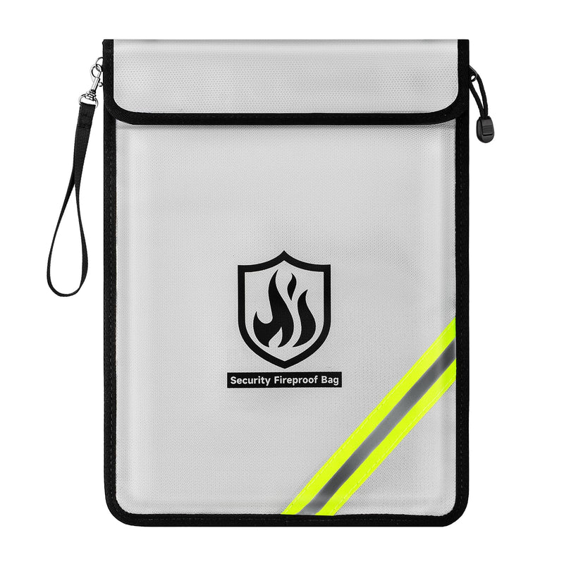 Fireproof Document Bag, 15 x 11 Inch Waterproof Documents Holder 2000℉ Safe for Important File Money Cash Legal Papers, Two Pockets Dual Zippered File Bag with Hand-held Strap & Reflective Strip