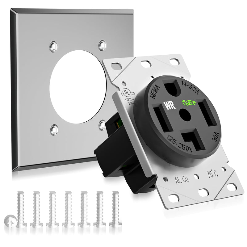 NEMA 14-30R 50A 125/250V Straight Blade Device Receptacle with Wall Plate, Industrial Grade Weather Resistant Receptacle, Built for Sustained High-Power EVs, RVs & Industrial Appliances,Black Wall Plate Included