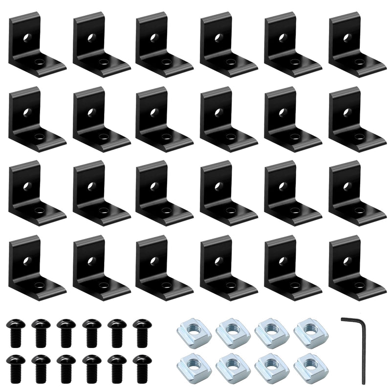 24 Pack 2020 Corner Bracket Connector 20 Series Aluminum Extrusion Profile Accessories Hardware, 90 Degree Angle Bracket for 20x20 Extruded Aluminum Black 20-Corner 2Hole