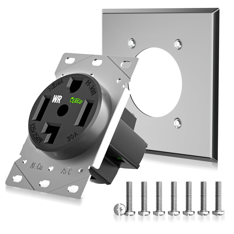 30 Amp EV Charging Straight Blade Device Receptacle/Outlet, Weather-Resistant NEMA 14-30R with Wall Plate, Industrial Grade, 3-Pole 4-Wire Grounding, 30A 125/250V, ETL Listed,Black Wall Plate Included