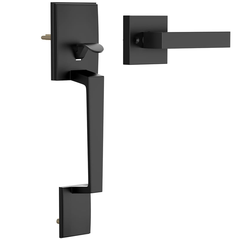 Black Front Door Handle No Lock, Modern Exterior Door Handle with Passage Lever, Reversible for Left & Right Hand Door, Front Door Handleset Matte Black No Deadbolt