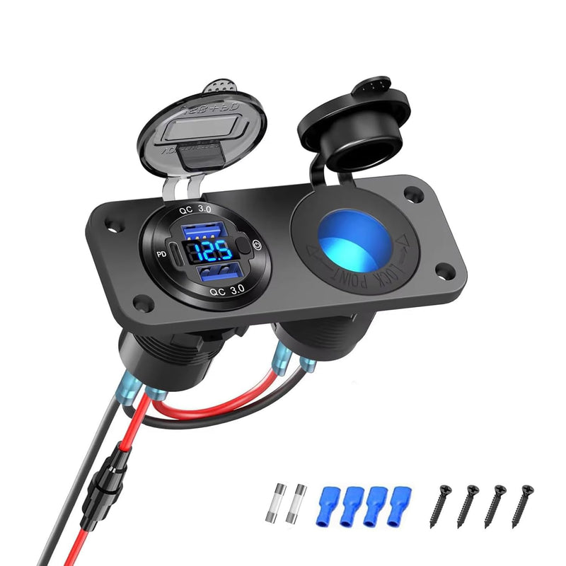 12V USB Outlet,2 in 1 Marine Switch Panel,Aluminum Alloy PD3.0 and Dual QC3.0 Multi Ports Car Charger with LED Voltmeter Power Switch, 120W Cigarette Lighter Socket, for Boat Truck RV 2in1 Dual QC3.0 and PD3.0