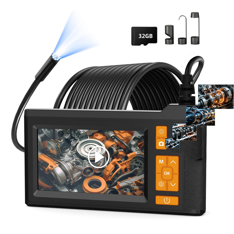 Endoscope Camera with Light, 1080P HD Inspection Borescope with 4.3''IPS, Video & Photo Inspection Cameras with 32G Card, IP67 Waterproof Camera for Sewer/Drain/Pipe, 16.4Ft Semi-Rigid Cable