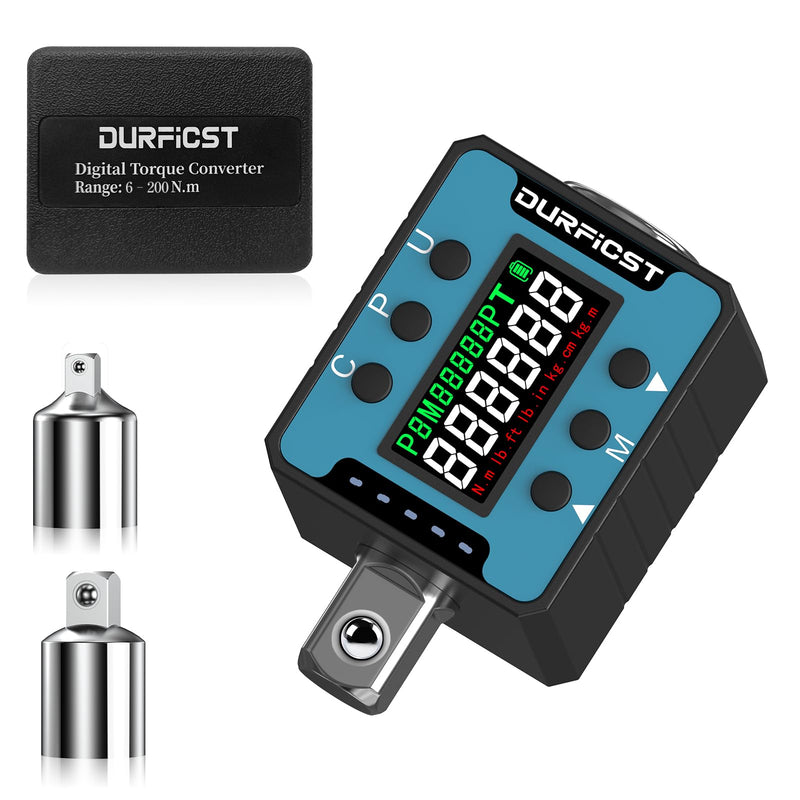 DURFICST 1/2" Digital Torque Adapter, 4.4-147.5 Ft-lb/6-200 Nm Digital Torque Wrench Adapter, Torque Adapter with ±2% Accuracy, Buzzer & LED Indicators, 3/8'' & 1/4'' Adapters for Bike/Motorcycle/Car 1/2-Inch