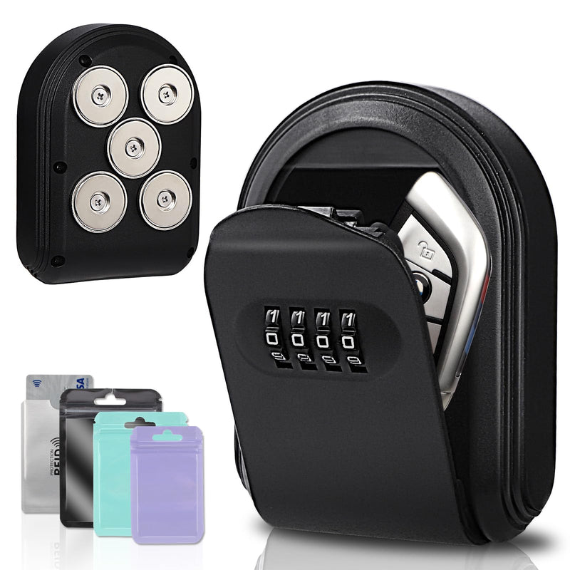 Secure Magnetic Key Holder for Cars – 5 Strong Magnets Anti-Drop Lock Box, Hide a Key Under Car with Resettable Code, Waterproof & Dustproof Design for Outdoor (Black) Black