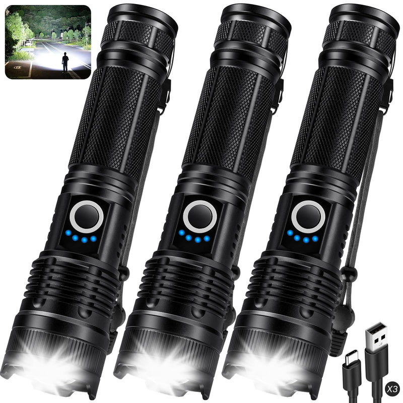 KINGCAESAR 3 Pack Flashlights 90,000 High Lumens - Super Bright Rechargeable Flashlight with 5 Light Modes, IPX7 Waterproof Powerful LED Flash Light for Home, Camping
