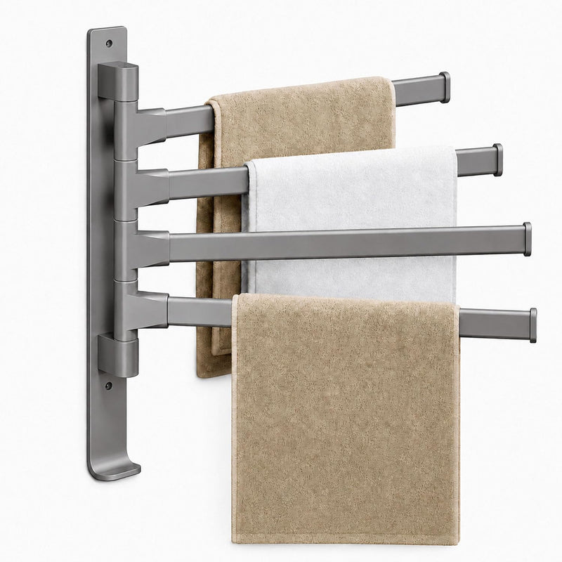 4 Arms Swivel Towel Rack Thicken Towel Holder with Hook Space Saving Towel Bar Wall Mount Swivel Towel Racks for Bathroom Kitchen-Grey Grey 4-arm