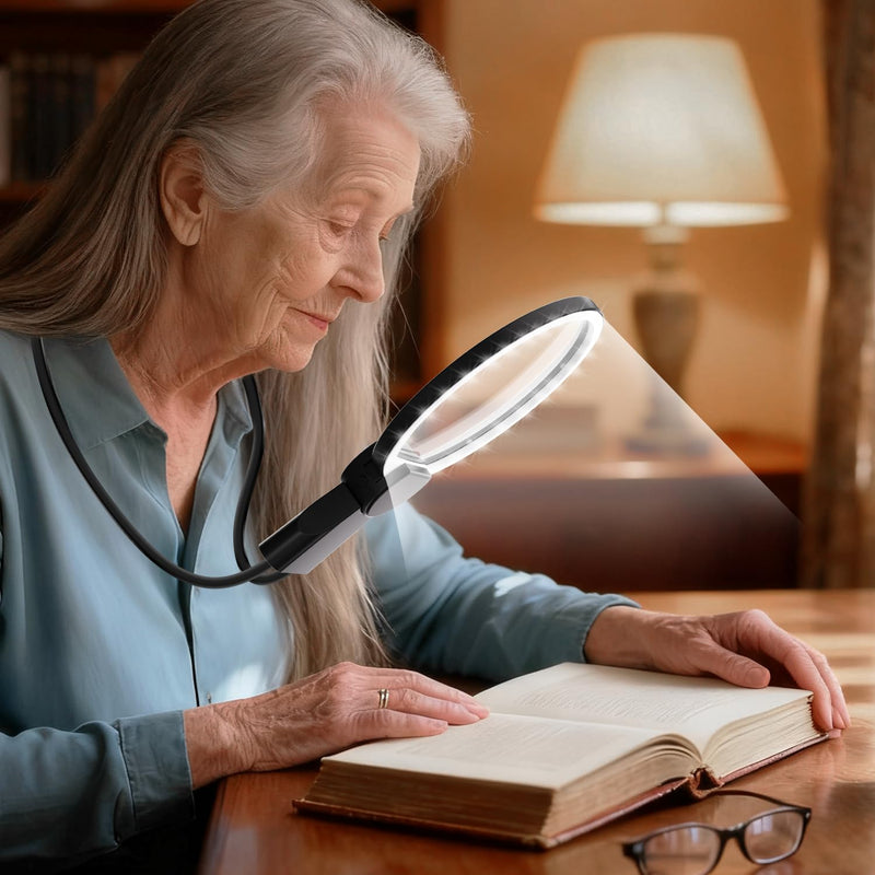 Magnifying Glass with Light Hands Free for Reading 5.5 Inch 5X, LED Light with 2 Modes, Flexible Neck-Worn Large Magnifie, Illuminated Magnifier for Seniors Inspection, Coins, Jewelry, Sewing 5.5 Inch with Light