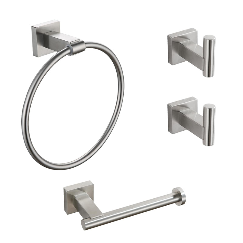 Miyili 4-Piece Bathroom Accessories Set - Includes Towel Ring, Toilet Paper Holder & 2X Towel Hooks, Brushed Stainless Steel Wall Mounted