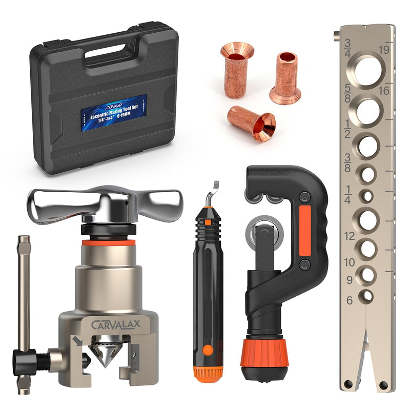 Eccentric Flaring Tool Kit, 45° Precision Flaring, Metric/Imperial Clamp for 6-19mm & 1/4"-3/4" Pipes, Includes Cutter, Deburring Tool & Hard Case for HVAC & Refrigeration Repair Single Bar Metric/Imperial