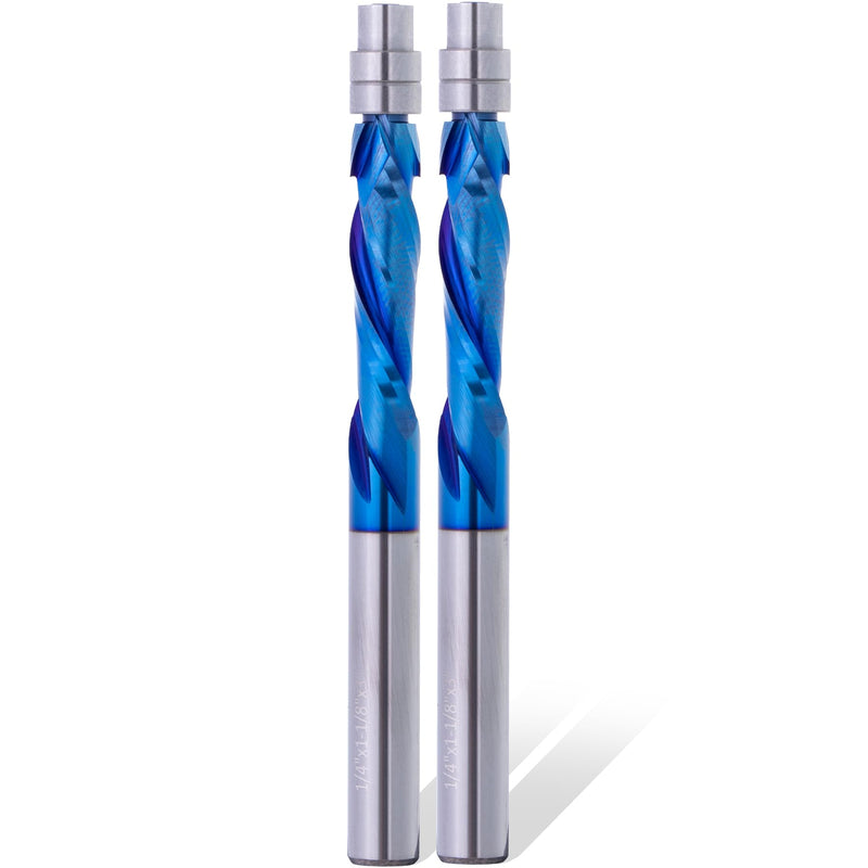 2 Pcs Compression Cut Spiral Flush Trim Router Bit, 1/4" Dia.1-1/8" Cut Length 1/4SHK.& 3" OAL, Up&Down Cut Solid Carbide CNC Bit with Nano Coating for Wood Trimming 2