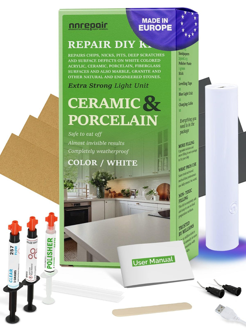 Porcelain Repair Kit (Clear/Transparent & White) - Fix Your Defects on Tiles, Sinks, Bathtubs & More I Suitable for Most Repairs I Upgraded Light Unit