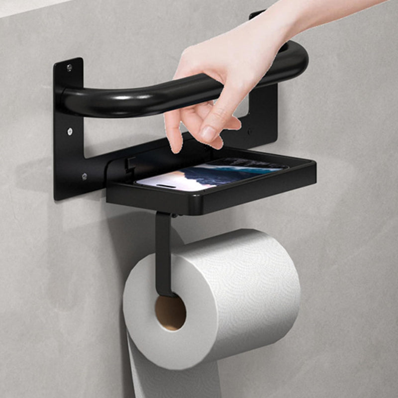 Black Toilet Paper Holder with Assist Bar Toilet Grab Bar Stainless Steel - Assistance Handle with Toilet Roll Holder and Shelf Wall Mounted Grab Bars with Toilet Paper Holder for Elderly Seniors
