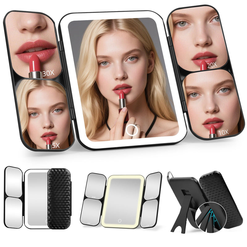 5-in-1 Led Vanity Makeup Mirror,1X Full Face & 5x/10x/20x/30x Times Magnification for Close-up Makeup, Compact Travel Magnifying Mirror with Light, Trifold Mirrors with Stand (Cool Black) Cool Black
