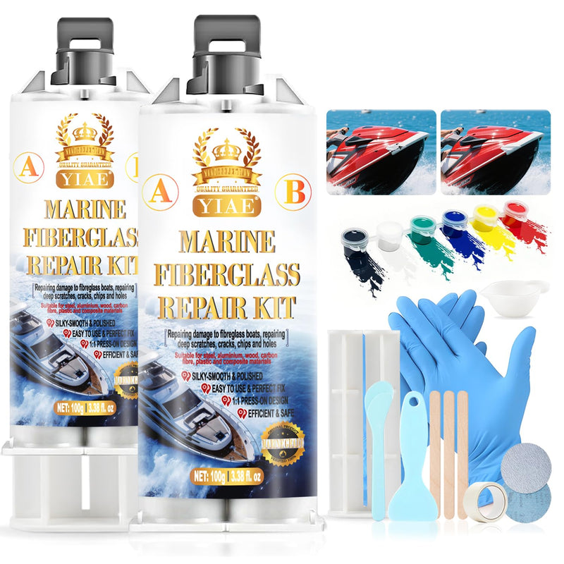 Marine Fiberglass Repair Kit for Boats Pro Gel Coat & Epoxy Resin to Fix Holes, Chips, Deep Cracks on Kayaks, Sailboats | DIY Fiberglass Boat Repair with Color Match and Fast Cure 200g