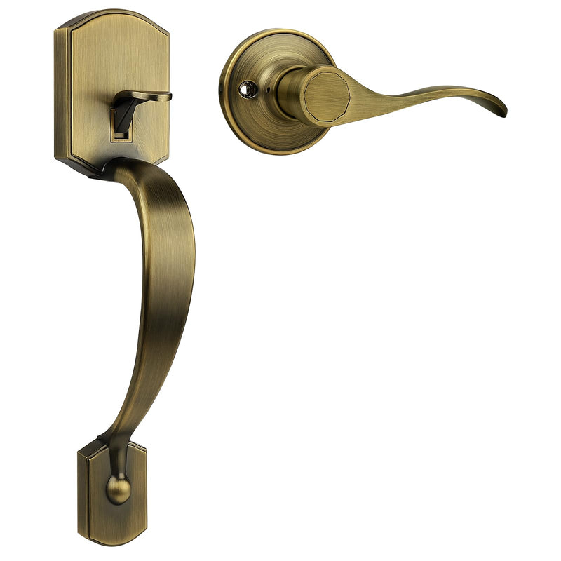 Probrico Antique Brass Lower Half Front Entry Handleset, Heavy Duty Entry Door Handle with Interior Reversible Handed Lever, Lock Grip Handle with Wave Lever Keyless Door Locks, 1Pack 1