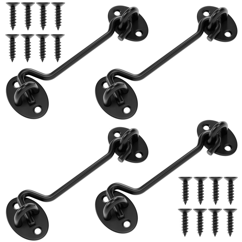 5" Privacy Eye Hook Door Latch for Screen Door, Window, Cabinet Barn Door, Fence Gate & More - Durable Hook and Eye Latch for 90° Right Angles to 180° Planes Black (4-Pack) 4 5 Inch