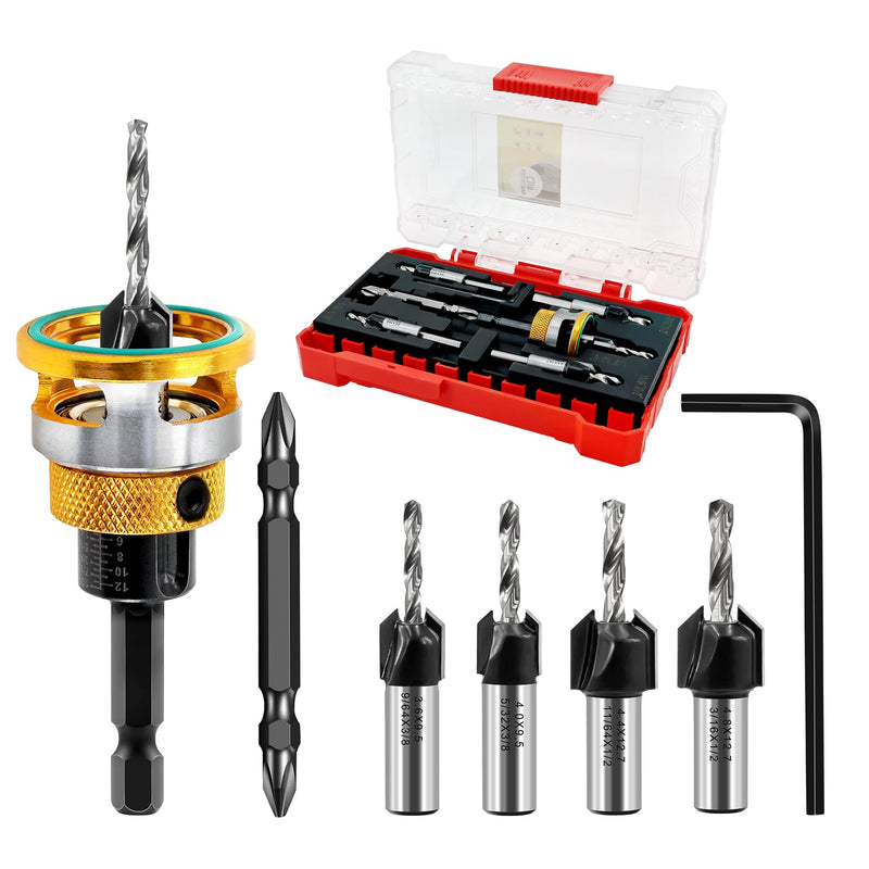 Countersink Drill Bit Set - HSS M2 Counter Sink Adjustable Depth Drill Bit for US Wood Screw, 1/8" 9/64" 5/32" 11/64" 3/16" 82° Counter-Bore New-5pcs