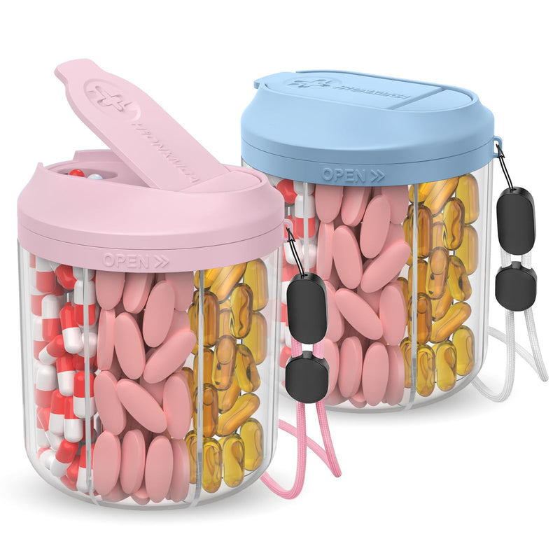 Pill Dispenser with 7 Large Compartments, Pill Organizer for Travel, Supplement Organizer with Anti-Mixing Design, BPA-Free Pill Container with 20 Pcs Labels, Blue+Pink Pink+blue