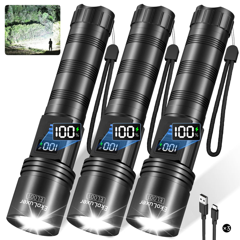 3Pack Rechargeable Flashlights 10000 High Lumens, Super Bright Flashlight with LCD Digital Display, 5Modes Adjustable LED Flashlight Tactical Flashlights High Powered, Flash Lights for Emergency 3 Pack