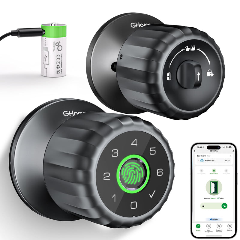 GHome Smart Fingerprint Door Lock, 4-in-1 Fingerprint Door Knob with Keypad, App Control, Keys, Removable & Rechargeable Battery, Door Locks for Bedroom, Home, Garage, Storage Room KD03 PRO