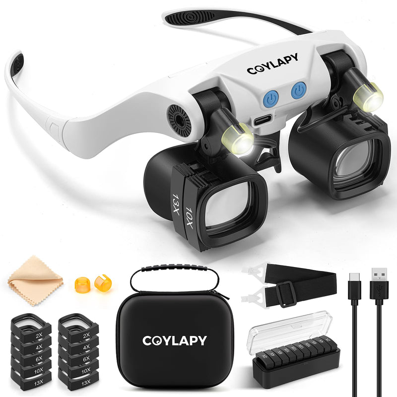 Magnifying Glasses for Close Work, Jewelers Magnifying Glass with Light & 5 Interchangeable Lens Pairs(2X 4X 6X 10x 13x), Headband Loupe Magnifier for Watch Repair,Crafts, w/Storage Case White