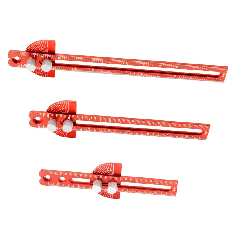 Woodworking Ruler, Adjustable Mark Angle & Straight line Scribe, Precision Pocket Ruler Metal Metric & Inch Portable Slide Rule Woodworking Tool T Square with Protractor Angle Finder (red in 3pcs)