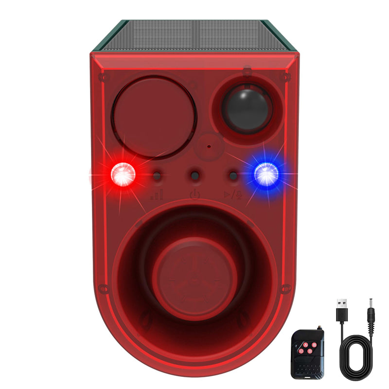 Solar Outdoor Motion Sensor Alarm-Dog Barking&Gunshot Sound, 130db Motion Detector Alarm Light,with Remote Controller,13 Kinds of Sound Red&Blue Strobe Light with USB (± Volume /130dB 1PCS) 911J 1 Pack